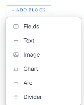 The add-block menu on an entity page, listing Fields, Text, Image, Chart, Arc and Divider.