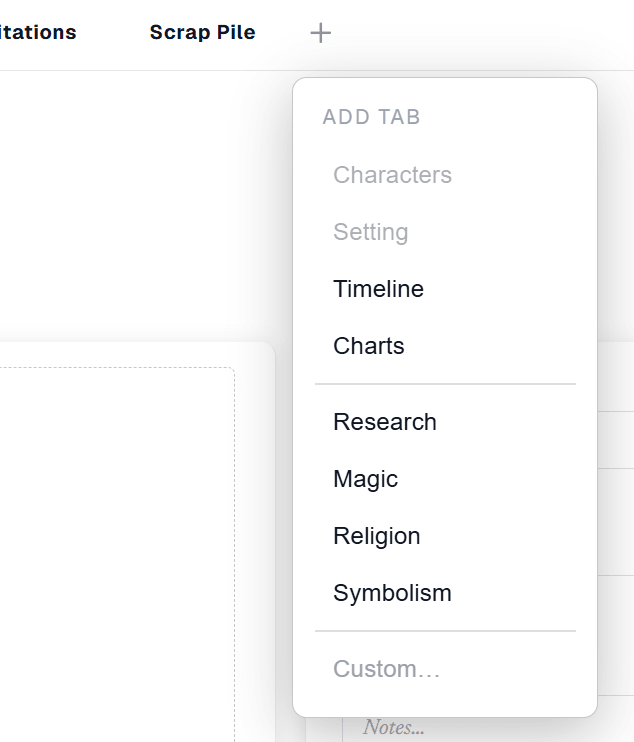 The add-tab menu listing Timeline, Charts, Research, Magic, Religion, Symbolism and Custom.