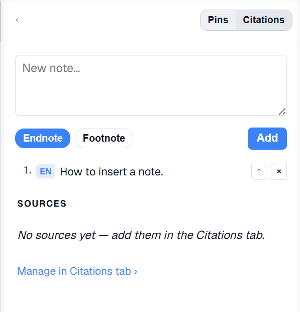 The Citations tab of the reference panel: a new note field, endnote and footnote buttons, a numbered note and the sources list.