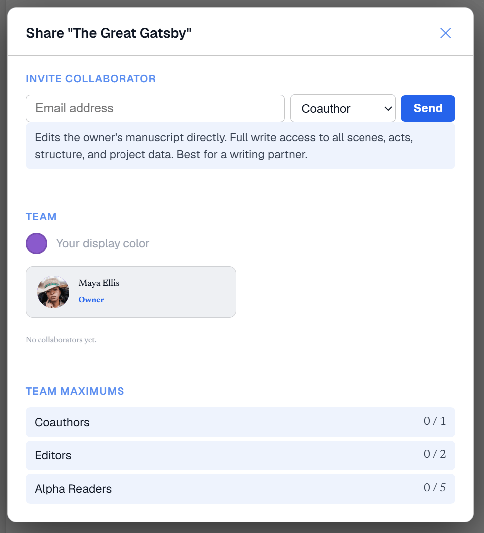 The share panel: an invite field with a role picker and Send, the team list showing the owner and a display color, and team maximums for coauthors, editors and alpha readers.
