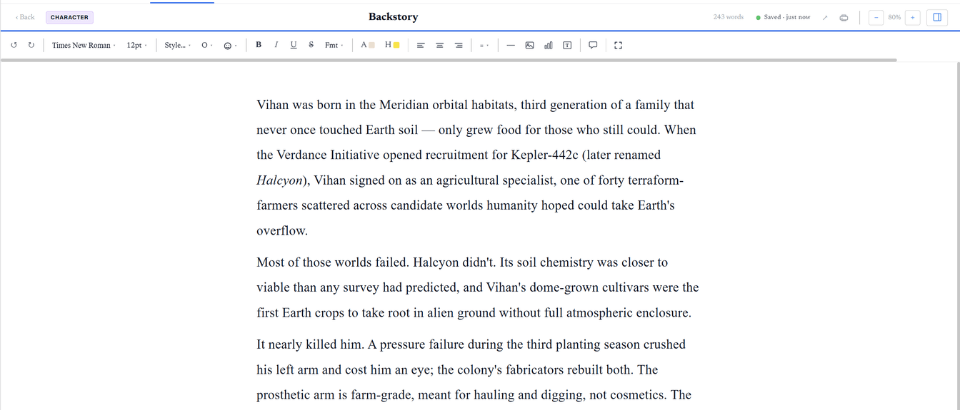 A text block opened as a full document, with a back button, the block name as the title, a word count, save state and the full formatting toolbar.