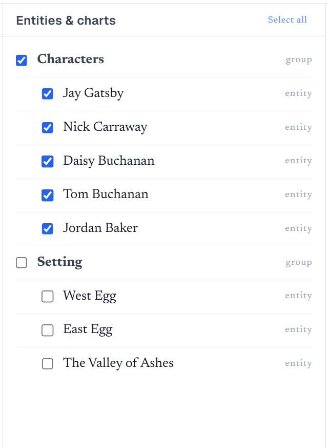 The contents column of the export window: acts, chapters and scenes with checkboxes, and separate columns for front matter and entities.