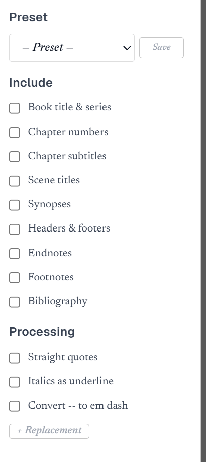 The Include and Processing panels: toggles for chapter numbers, scene titles, synopses, headers and footers, endnotes, plus text processing rules.