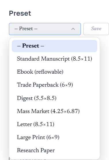 The preset list in the export window, with built-in presets and a save option for custom ones.