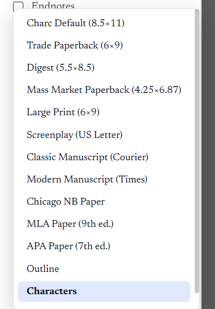 The style list in the export window: trade paperback, digest, mass market and large print trim sizes, screenplay, manuscript looks, and academic styles.