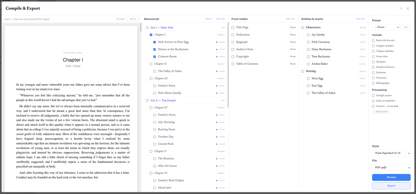 The Compile and Export window: a live page preview on the left, content checkboxes in the middle, and style, format and processing controls down the right.