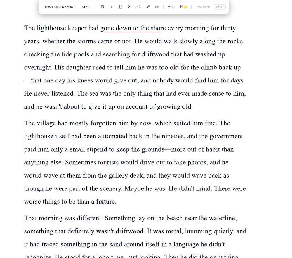 Focus mode: the manuscript alone on the page with a small floating toolbar above it, everything else hidden.