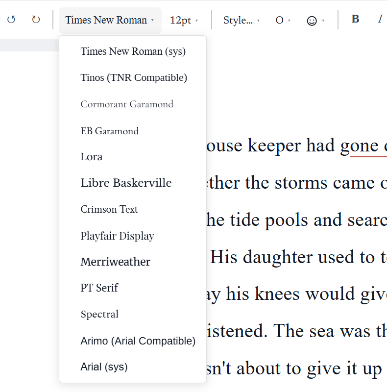 The font picker open, listing Times New Roman, Tinos, Cormorant Garamond, EB Garamond, Lora, Libre Baskerville, Crimson Text, Playfair Display, Merriweather, PT Serif, Spectral, Arimo and Arial.