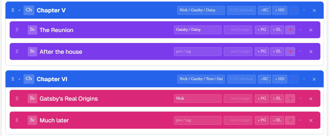 An outline with scenes tinted in different colors by chapter, POV names filled into the tag fields, making the structure scannable at a glance.