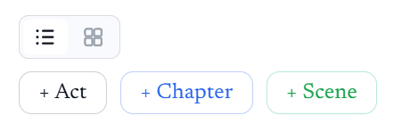 The outline toolbar: a list and card view toggle, and buttons to add an act, a chapter or a scene.