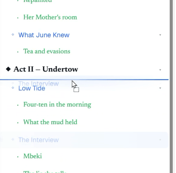 A chapter being dragged in the sidebar outline tree, with a line showing the drop position beneath an act.