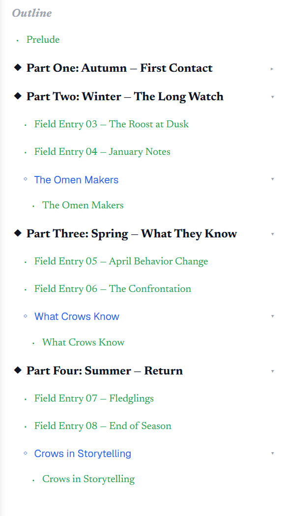 The left sidebar showing the outline as a nested tree of parts, chapters and scenes.