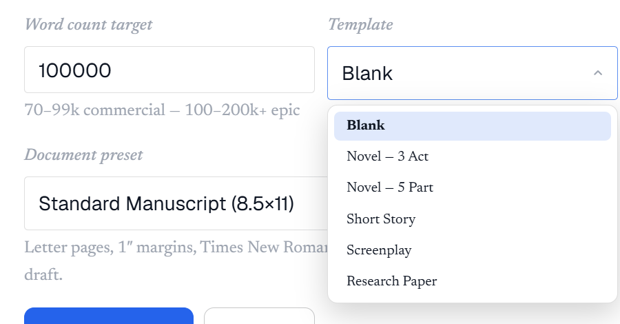 The New Project overlay with the Template dropdown open, listing Blank, Novel three act, Novel five part, Short Story, Screenplay and Research Paper.