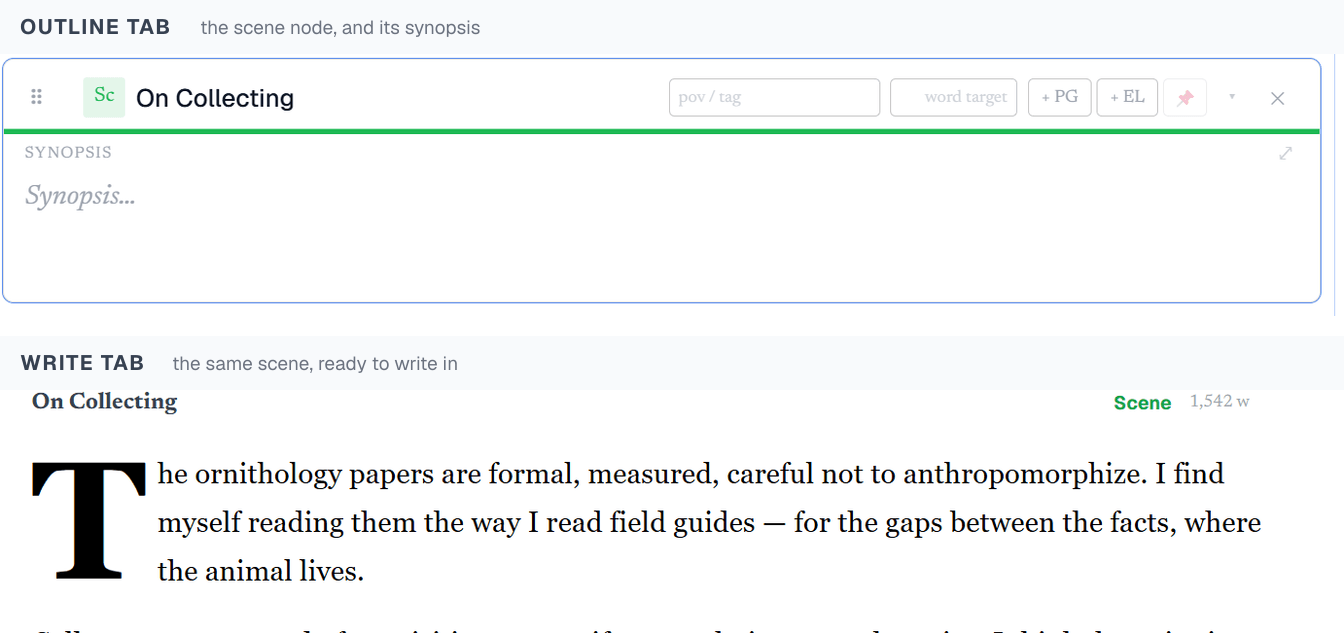 The same scene shown twice: as a node in the Outline tab with its synopsis field, and as a writing block in the Write tab with the drafted prose.