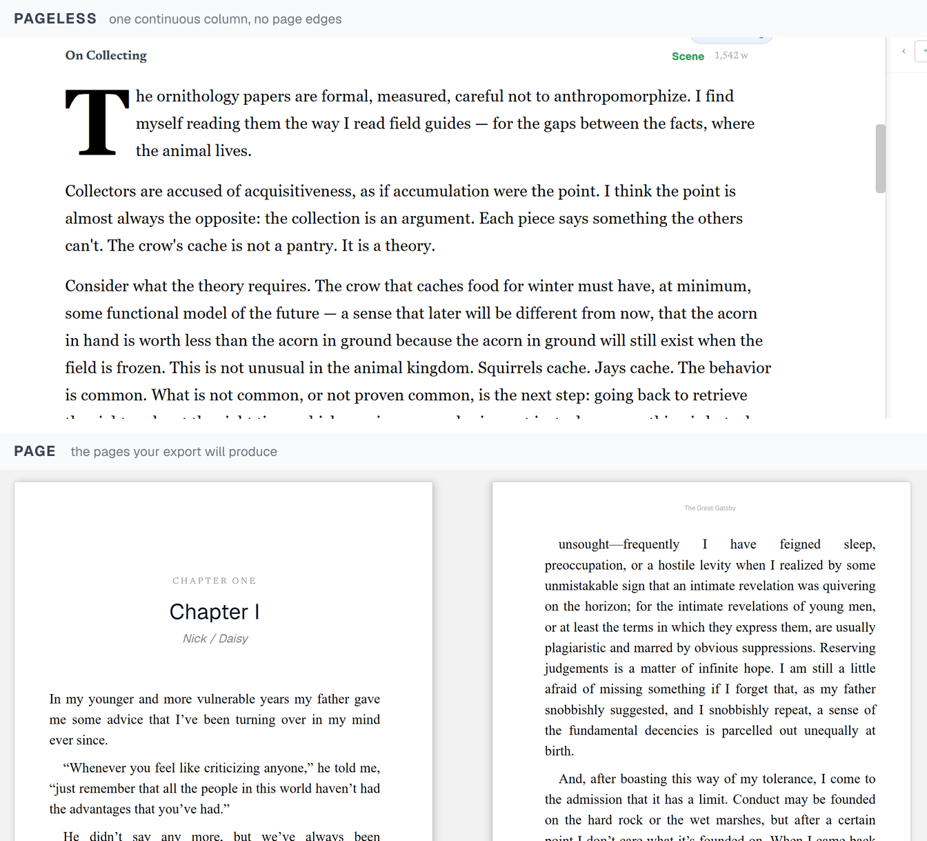 The same manuscript in both view modes: pageless as one continuous column of prose, and page view as discrete pages with margins and a running head.