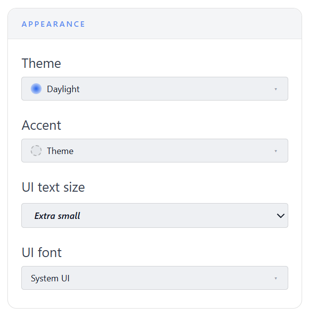 Appearance settings: theme, accent color, interface text size and interface font.