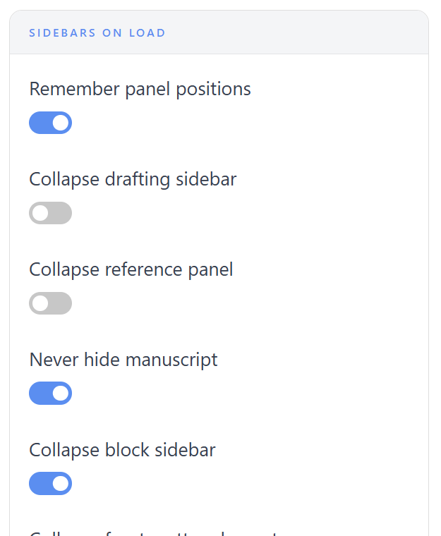 Sidebar preferences: which panels remember their state and which start collapsed.