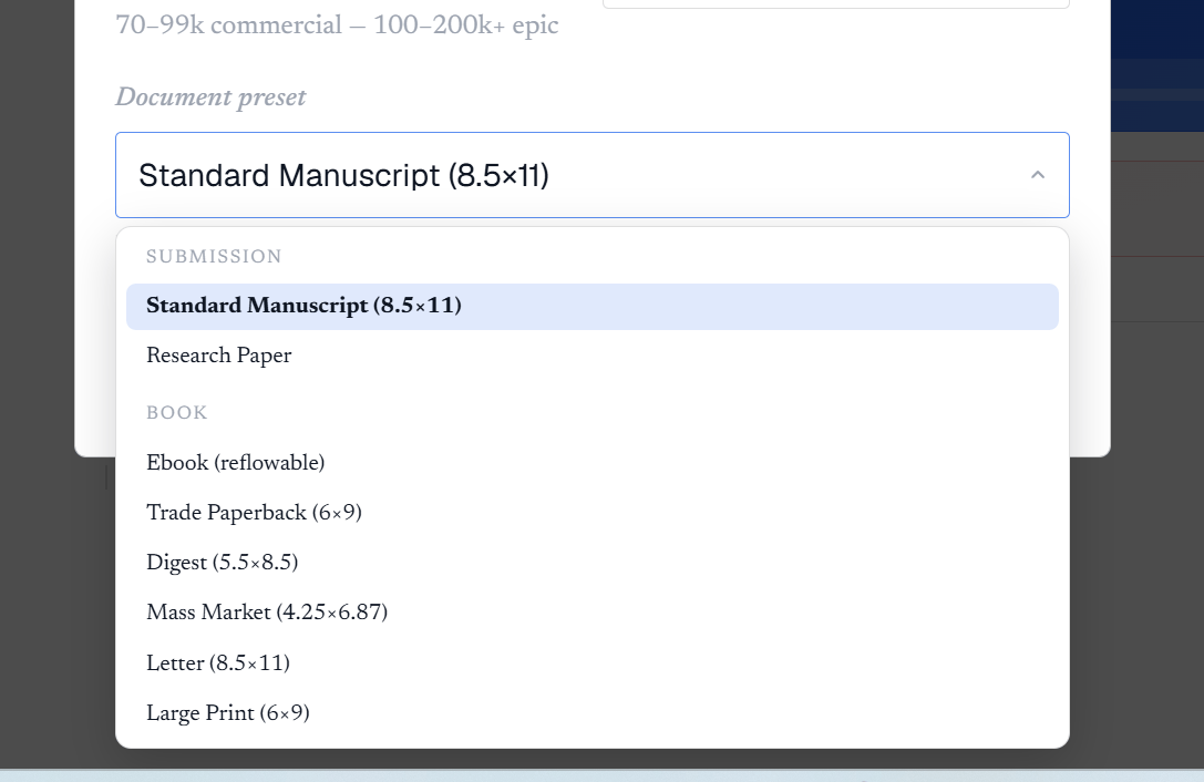 The project format picker in New Project, listing manuscript and book formats with a description of the selected one.