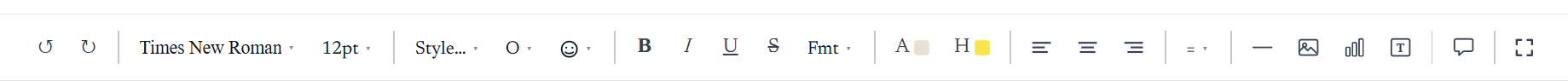 The rich text toolbar: undo and redo, typeface, size, style, special characters, emoji, bold, italic, underline, strikethrough, format, colors, alignment and insert controls.