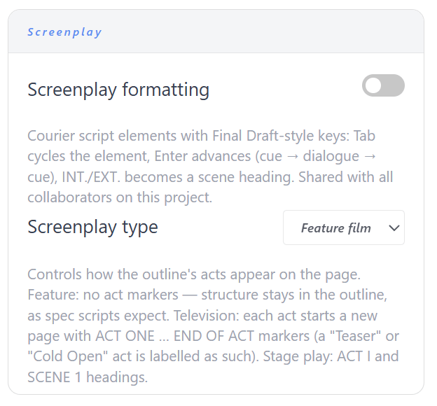 Screenplay formatting settings, including the script type and the element layout options.