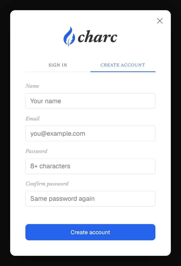 The Charc sign-in card with the Create account tab selected, showing name, email, password and confirm password fields.