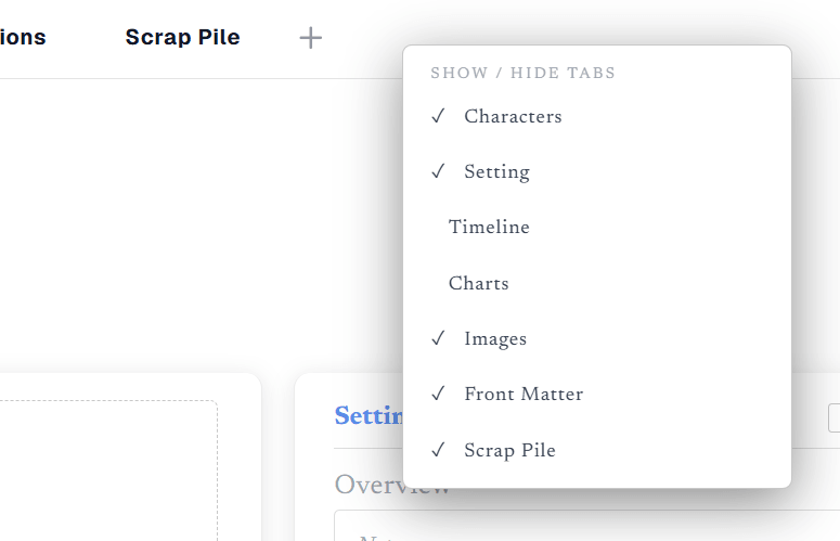 The show and hide tabs menu open, listing Characters, Setting, Timeline, Charts, Images, Front Matter and Scrap Pile with ticks beside the visible ones.