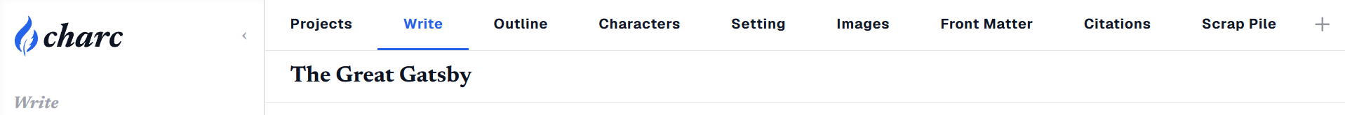 The Charc tab bar: Projects, Write, Outline, Characters, Setting, Images, Front Matter, Citations and Scrap Pile, with the project title beneath.