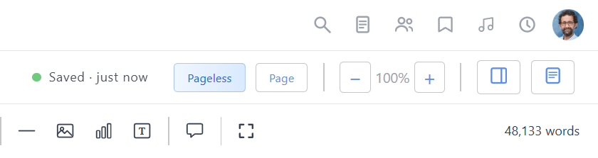 The top right of the Write tab: search, project settings, share, reference panel and account icons, with the Pageless and Page toggle and zoom beneath.