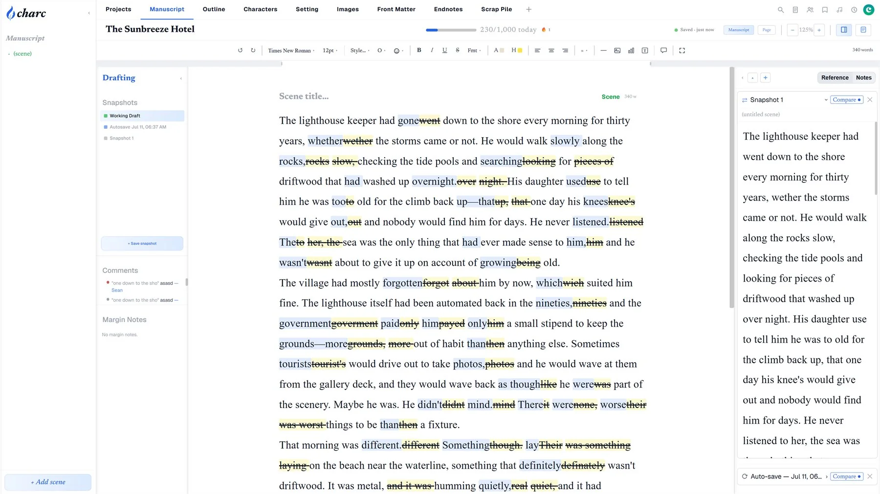 Charc comparing a manuscript against a saved snapshot, with word-level insertions and deletions highlighted