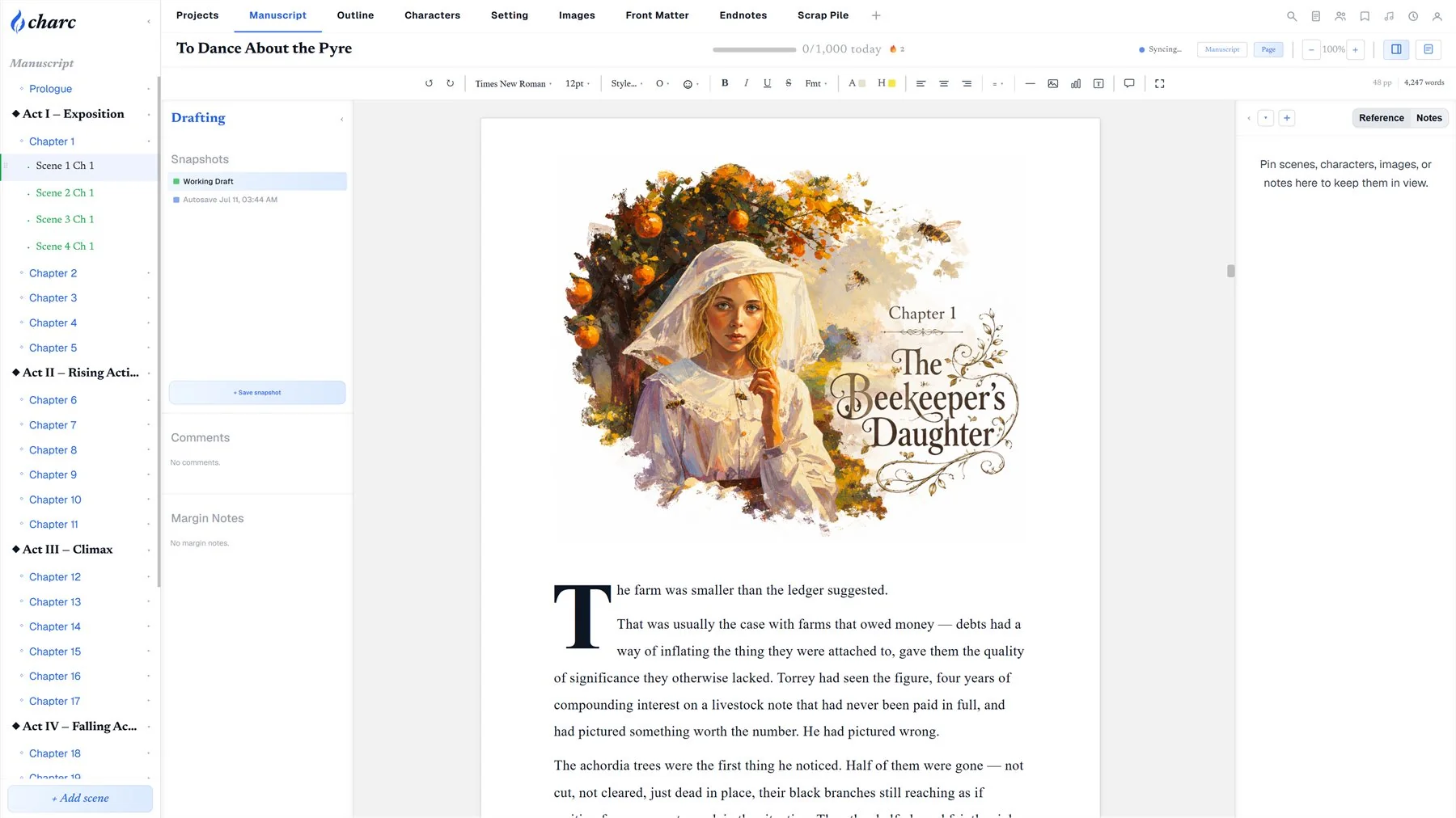 The Charc manuscript editor showing a chapter with custom art, a drop cap, the outline sidebar, and the daily writing goal bar