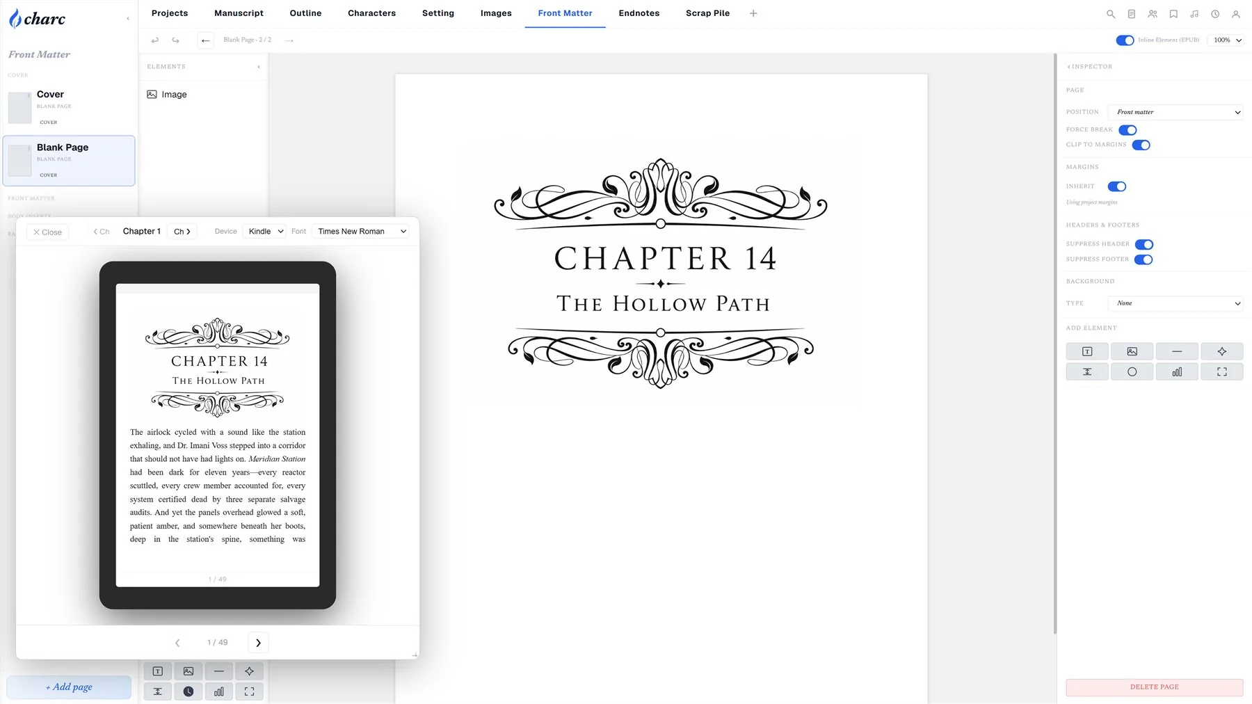 Charc's page designer with an ornamental chapter heading and a live e-reader preview showing the finished chapter