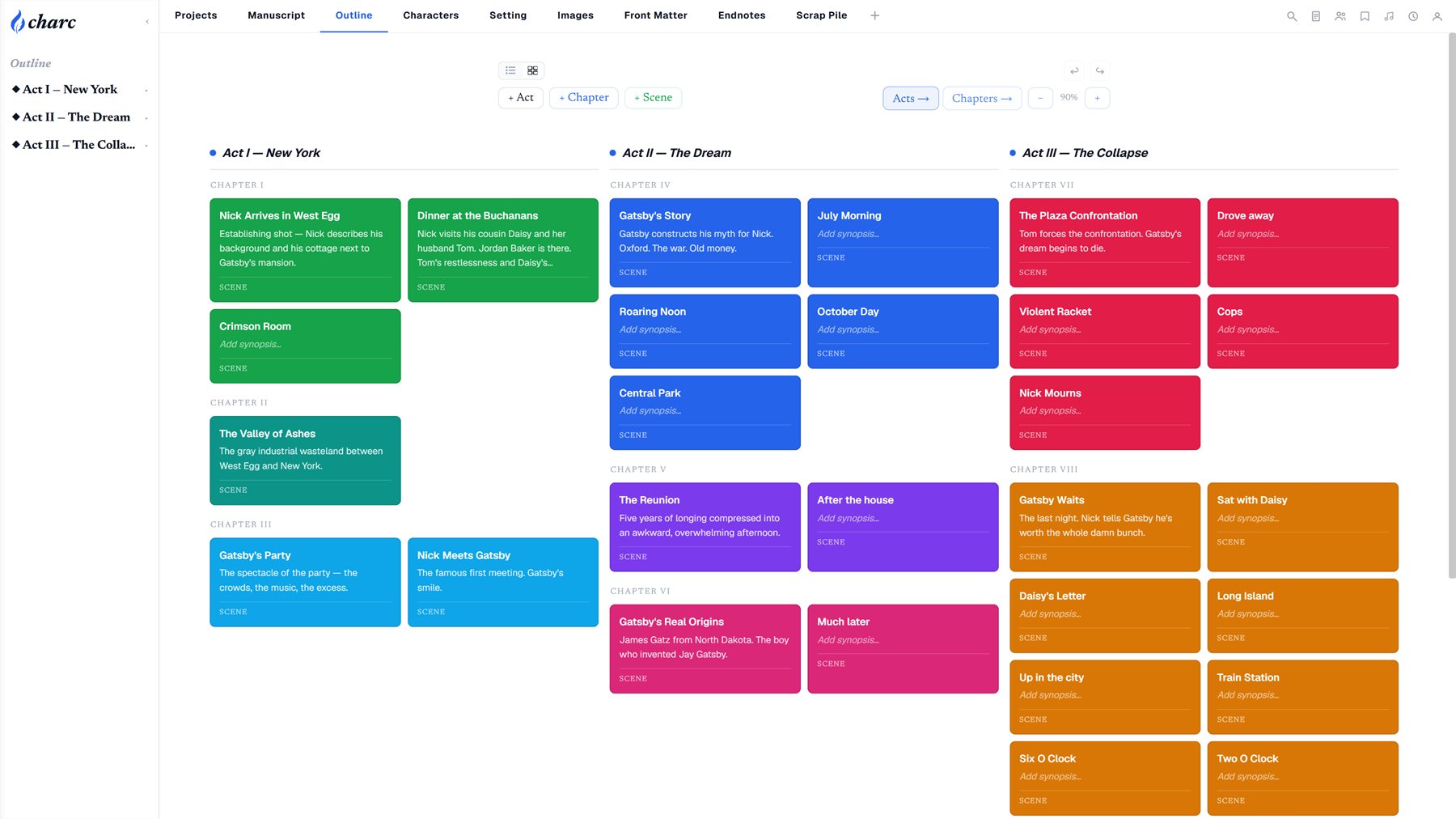 Charc's outline card view — three acts side by side as columns of color-coded scene cards