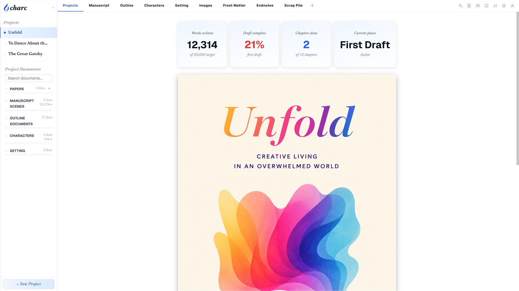 Charc's progress dashboard — word count, draft completion, current phase, and the book cover